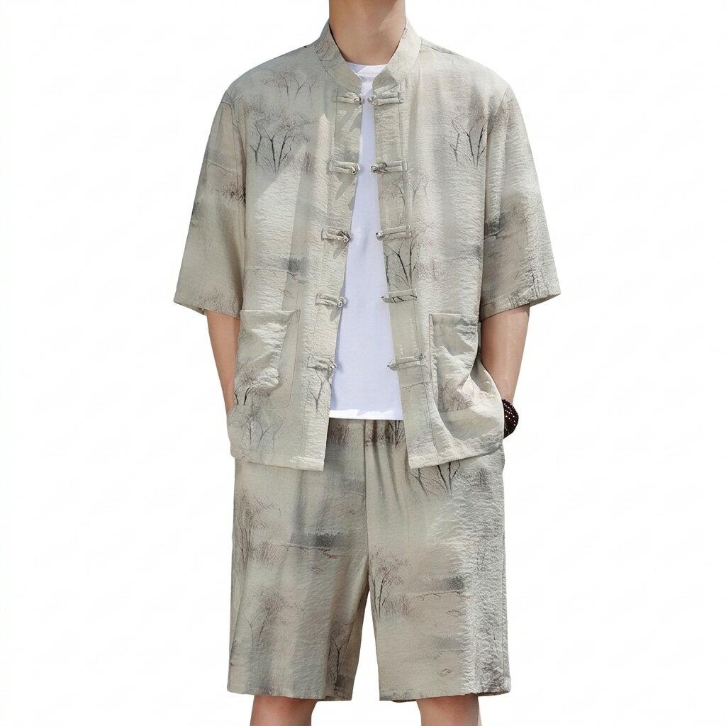 Rakuten - セットアップ メンズ 夏服 チャイナ服 漢服 上下セット 中華風 半袖シャツ 半ズボン 2点セット 涼しい 綿麻混 立ち襟 ルームウェア 快適 蒸れない 通気性 カジュアル 民族衣装 祭り 散歩着 リ