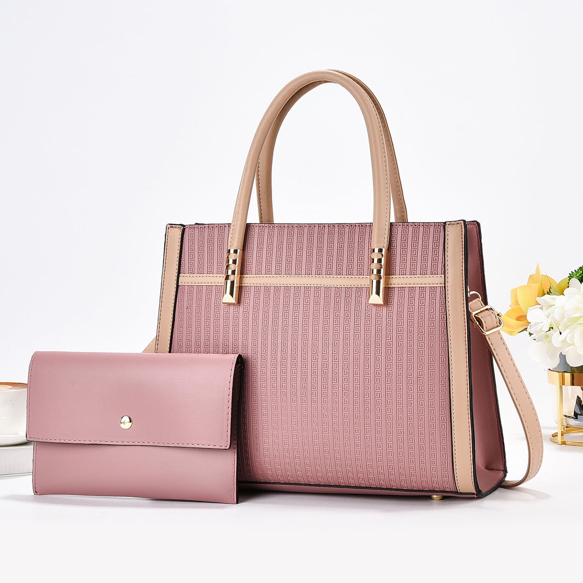 樂天商城 - ハンドバッグ レディース トートバッグ ショルダーバッグ 大容量 通勤 通学 肩掛け 斜めがけ ポーチ付き 2点セット 型押し 配色 自立 鞄 事務 ビジネス カジュアル 高見え 上品 撥水 仕切り