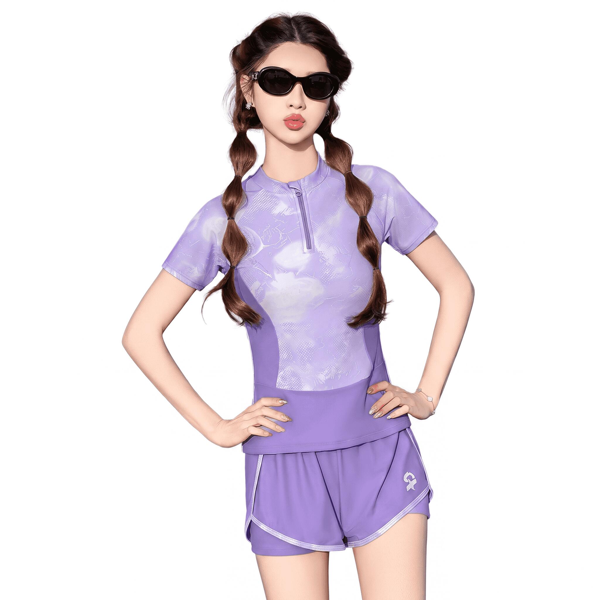 水着 レディース ラッシュガード セパレート 二点セット 半袖 前開き ジップアップ フィットネス 体型カバー 露出控えめ 競泳 練習用 ..