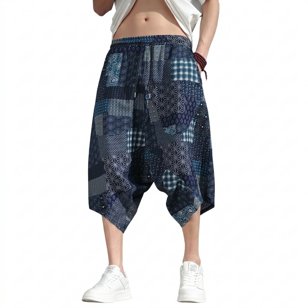 サルエルパンツ メンズ 夏 ワイドパンツ 和柄 パッチワーク 切り替え 七分丈 ゆったり 涼しい 綿麻風 エスニック カジュアル 股上深め 大きいサイズ ルームウェア ハーフパンツ アラジンパンツ 調