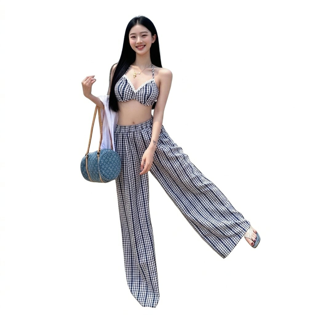 樂天商城 - 水着 レディース ビキニ 3点セット ギンガムチェック柄 体型カバー ワイドパンツ ハイウエスト ホルターネック レース 可愛い リゾート ビーチ プール 温泉 露出控えめ