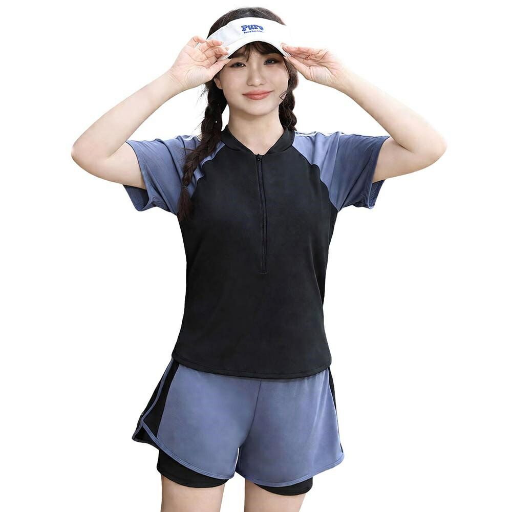 【ハーフジップ】 フィットネス水着 レディース セパレート 水着 体型カバー 半袖 前開き ぽっちゃり 大きいサイズ スイムウェア 上下セット ショートパンツ レギンス一体型 2点セット バイカラー ラグランスリーブ 露出控えめ ジム 水泳 競泳 スイミング 運動用