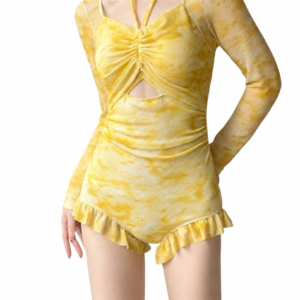 Rakuten - 【新作】水着 レディース ワンピース モノキニ 長袖 タイダイ柄 絞り染め風 イエロー 胸元あき カットアウト 体型カバー 盛れる 露出控えめ 日焼け対策 UV対策 ラッシュガード 裾フリル リブ素材 シースルー お腹カバー 二の腕カバー 海 プール 温泉 旅行 リゾート
