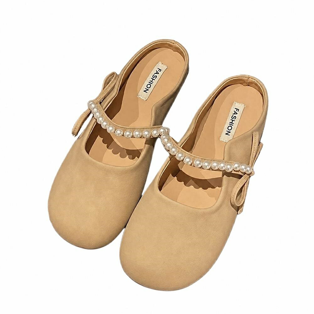 Women'S Shoes - 【パールリボン】 サンダル ミュール レディース フラットシューズ ぺたんこ パンプス スリッパ バブーシュ 婦人靴 ラウンドトゥ ストラップ ローヒール 痛くない 歩きやすい 疲れにくい 脱ぎ履き楽ちん 履きやすい かかとなし 楽ちん オフィス 通勤 お出かけ デート