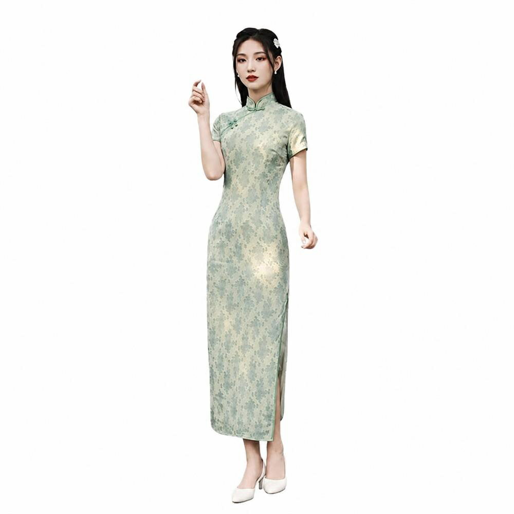 樂天商城 - 【モダンレトロ】チャイナドレス改良型ロングワンピースチャイナ服レディースタイトスリット立ち襟スタンドカラー半袖総柄花柄ジャガードロングワンピパーティードレスお呼ばれ二次会演奏会イベント衣装着痩せ美シルエット細見え体型カバー縦ラインIライン大人きれいめ