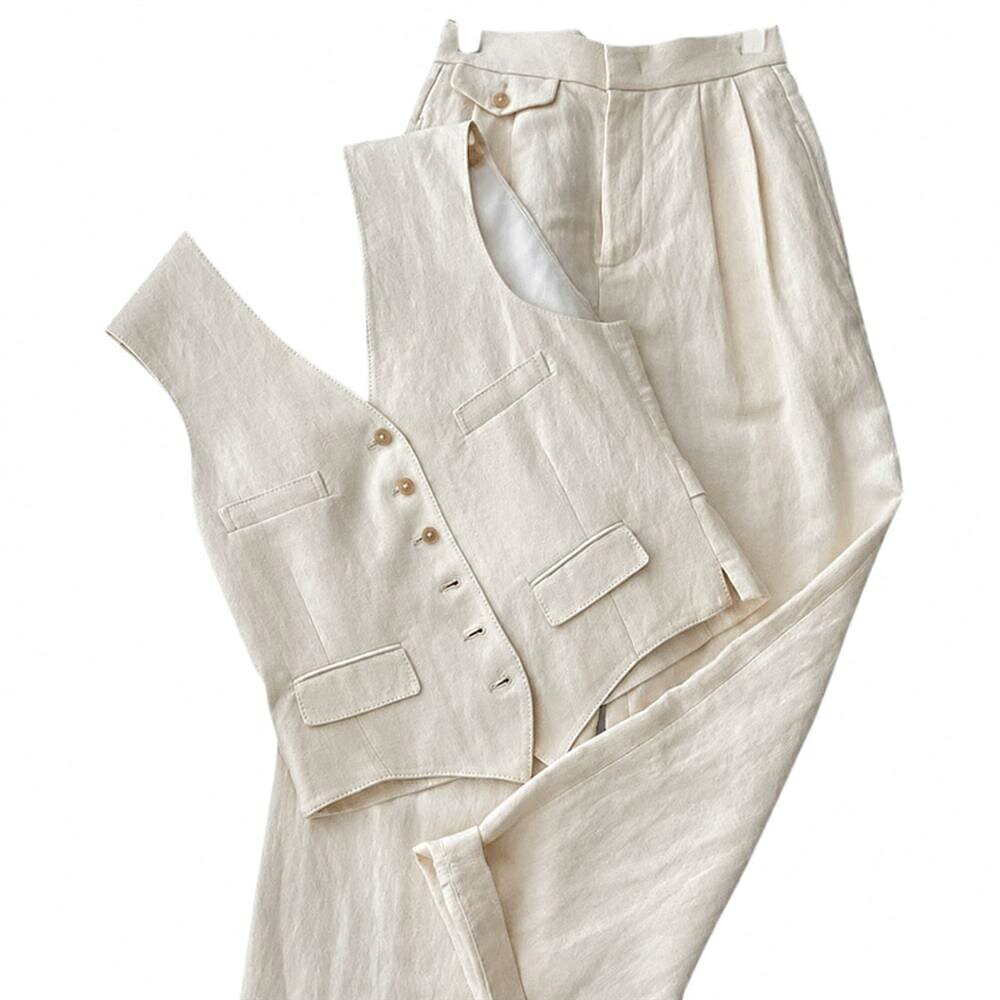 セットアップ レディース 夏 ベスト ジレ ワイドパンツ 2点セット 上下セット リネン混 麻混 リネンタッチ Vネック…