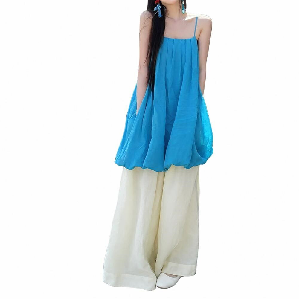 Skirt Suits - セットアップ レディース 夏 2点セット キャミソール バルーン チュニック ワイドパンツ ガウチョパンツ 上下セット ズボン ボトムス ロングパンツ ノースリーブ 涼しい リネンタッチ 綿麻風 体型カバー ゆったり 着痩せ お尻隠れる 部屋着 ルームウェア リゾート 旅行