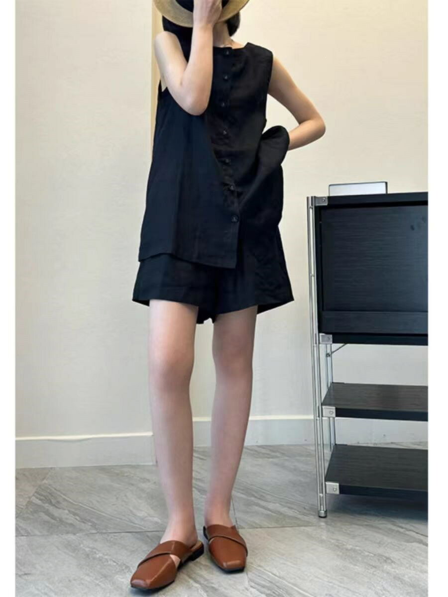 セットアップ レディース 夏 2点セット 【リネン混】 上下セット ノースリーブ ショートパンツ 前ボタン ブラウス トップス ズボン 短パン ウエストゴム ゆったり 体型カバー 着痩せ 細見え 涼感 通気性 綿麻混 ナチュラル 大人 カジュアル きれいめ ルームウェア 3