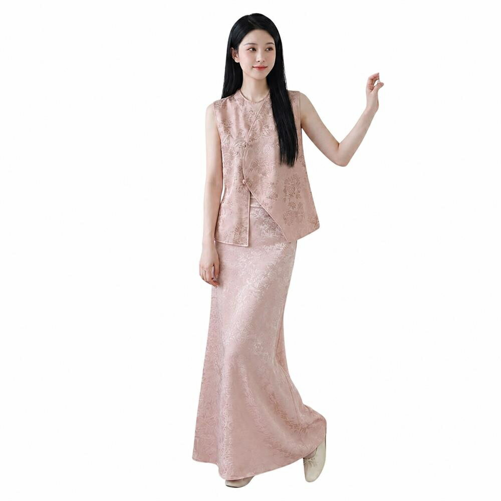 【チャイナ風セットアップ】レディース 中華風 ベスト ロングスカート ジャガード 花柄 立ち襟 ノースリーブ 2点セット 上下セット き..