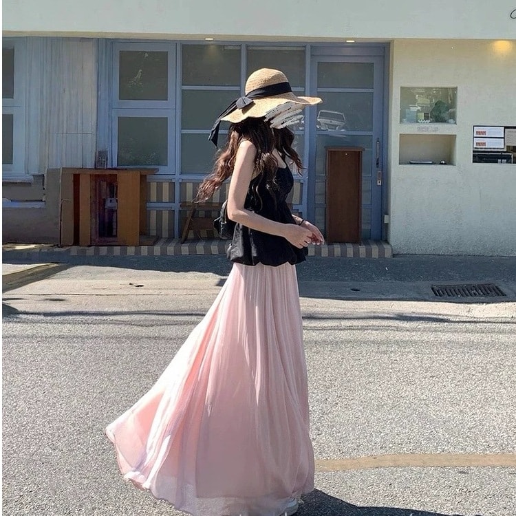 【大人可愛い】 セットアップ レディース キャミソール ロングスカート マキシ丈 Aライン 切り替え バイカラー シフォン 涼しい 体型カバー お腹周りカバー 着痩せ 細見え リゾート フェミニン 20代 30代 40代 ママコーデ とろみ素材 ビーチ 海 2