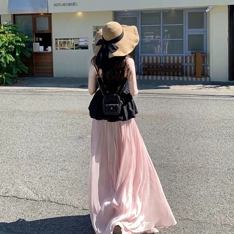 【大人可愛い】 セットアップ レディース キャミソール ロングスカート マキシ丈 Aライン 切り替え バイカラー シフォン 涼しい 体型カバー お腹周りカバー 着痩せ 細見え リゾート フェミニン 20代 30代 40代 ママコーデ とろみ素材 ビーチ 海 3