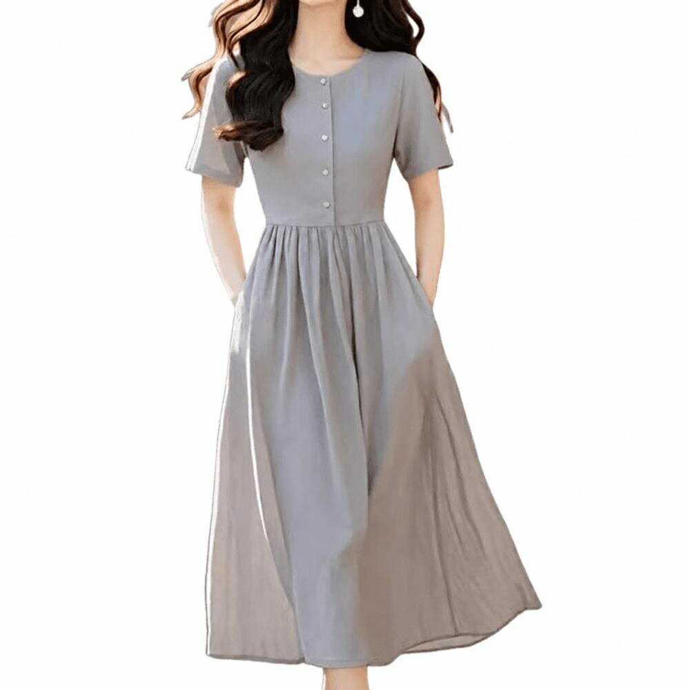 Rakuten - 【リネン風】ワンピース ロング レディース 半袖 春 夏 クルーネック Aライン ワンピ ロング丈 マキシ丈 ミモレ丈 ギャザー ウエスト切替 ボタン 前開き ポケット付 涼しい 体型カバー 着痩せ 細見え 二の腕カバー 大人可愛い キレイめ カジュアル ナチュラル