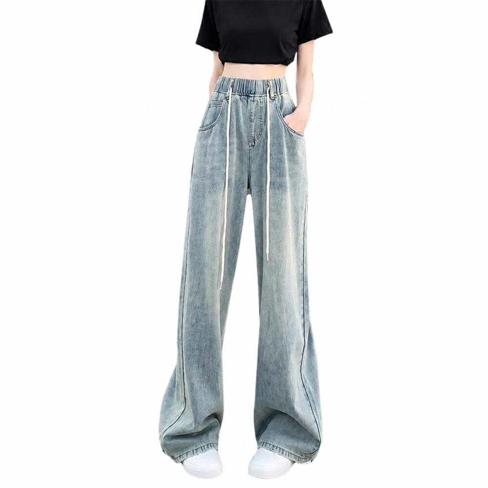 Rakuten - 【ドロスト仕様】ワイドパンツ デニム レディース ジーンズ ハイウエスト ウエストゴム 紐付き ゆったり ジーパン ズボン ボトムス デニムパンツ バギーパンツ ストレート ユニセックス メンズ 男女兼用 体型カバー 着痩せ 脚長 美脚 楽ちん ヴィンテージ風 ストリート