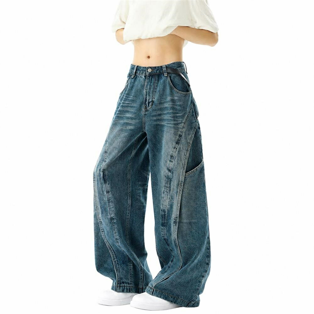 Rakuten - 【立体裁断】 デニムパンツ メンズ ワイド ジーンズ バギーパンツ ジーパン ズボン ルーズ ストリート系 アメカジ ウォッシュ加工 太め ビッグシルエット オーバーサイズ ゆったり 切替 ボトムス 大きいサイズ 韓国 ファッション カジュアル ヒップホップ ダンス 衣装