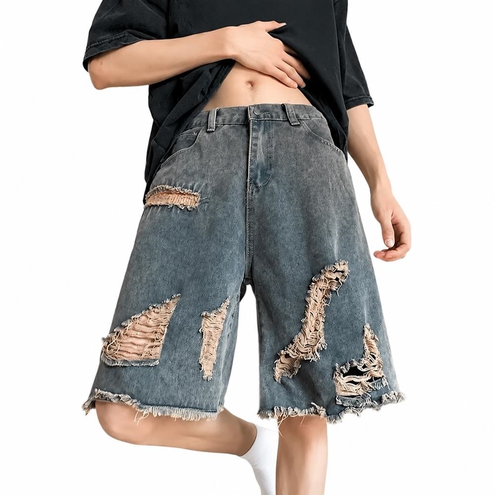 樂天商城 - 【激しいクラッシュ】 デニムハーフパンツ メンズ ショートパンツ ジーンズ ジーパン 5分丈 膝丈 ワイドパンツ 短パン 半ズボン ダメージ ヴィンテージ風 切りっぱなし カットオフ フリンジ ウォッシュ ストリート アメカジ ゆったり ビッグシルエット 体型カバー 春