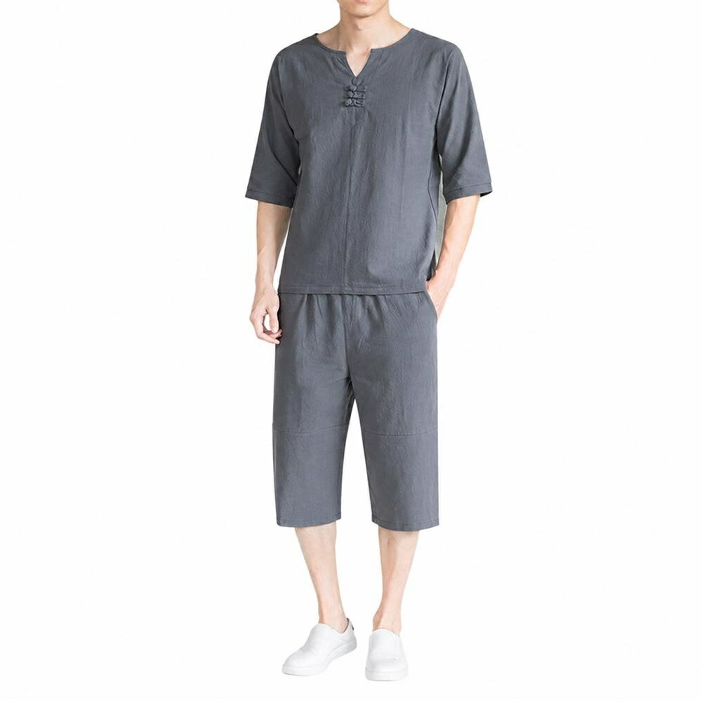 乐天商城 - セットアップ メンズ 夏服 綿麻 上下セット チャイナ風 半袖 サルエル 涼しい 通気性 蒸れない 薄手 リネン 部屋着 ズボン 7分丈 5分袖 ゆったり 体型カバー 楽ちん 祭り 花火大会 父の日 春 夏 秋 M L LL 3L 4L 5L ヘンリーネック エスニック アジアン