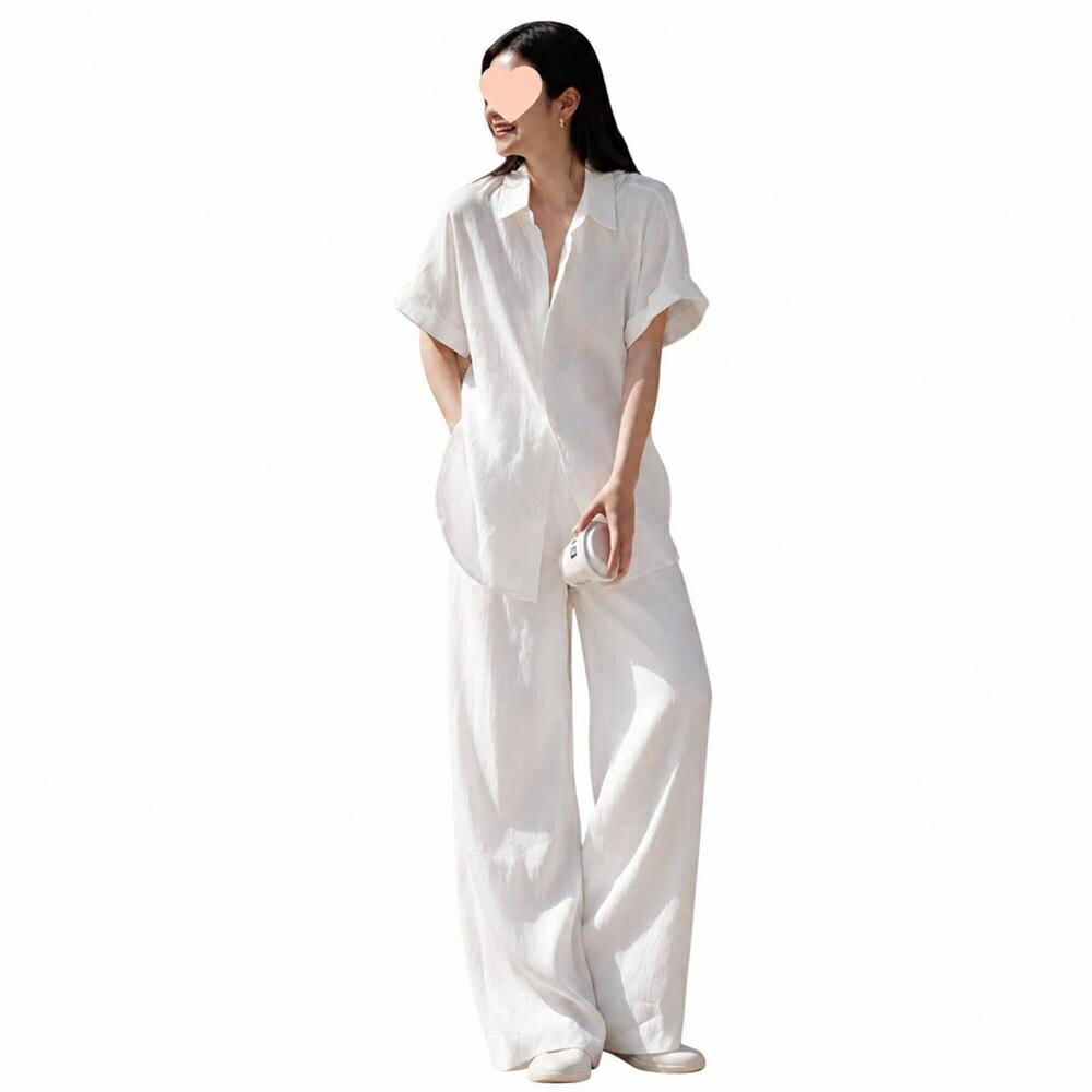 Trousers, Bottoms - 【リネン混】セットアップ レディース 上下セット 涼しい 半袖 シャツ ワイドパンツきれいめ大人カジュアルズボンロングパンツイージーパンツウエストゴムゆったり体型カバー着痩せ二の腕カバー前開き麻風リネンタッチ春夏旅行リゾート接触冷感速乾通気性さらさら30代