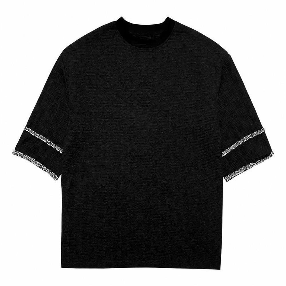 Rakuten - 【袖ライン】 Tシャツ メンズ 五分袖 カットソー ビッグシルエット 7分袖 ジャガード 凹凸 ワッフル調 オーバーサイズ ドロップショルダー ストリート系 韓国 春夏秋 ゆったり 大きいサイズ 体型カバー 二の腕カバー 涼しい 通気性 丸首 黒