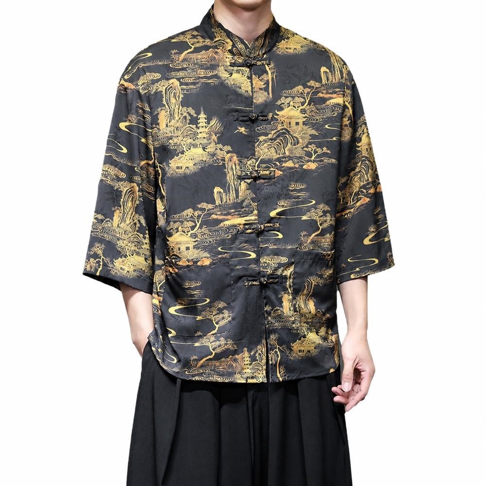 【山水風景画】チャイナ服 メンズ 半袖 チャイナシャツ 中国風 五分袖 スタンドカラー マオカラー 立ち襟 チャイナボタン 総柄 和柄 漢服 唐装 民族衣装 太極拳 カンフー ティー服 サテン調 シルクタッチ 光沢 涼しい 冷感 さらさら 部屋着 普段着 ルームウェア 甚平