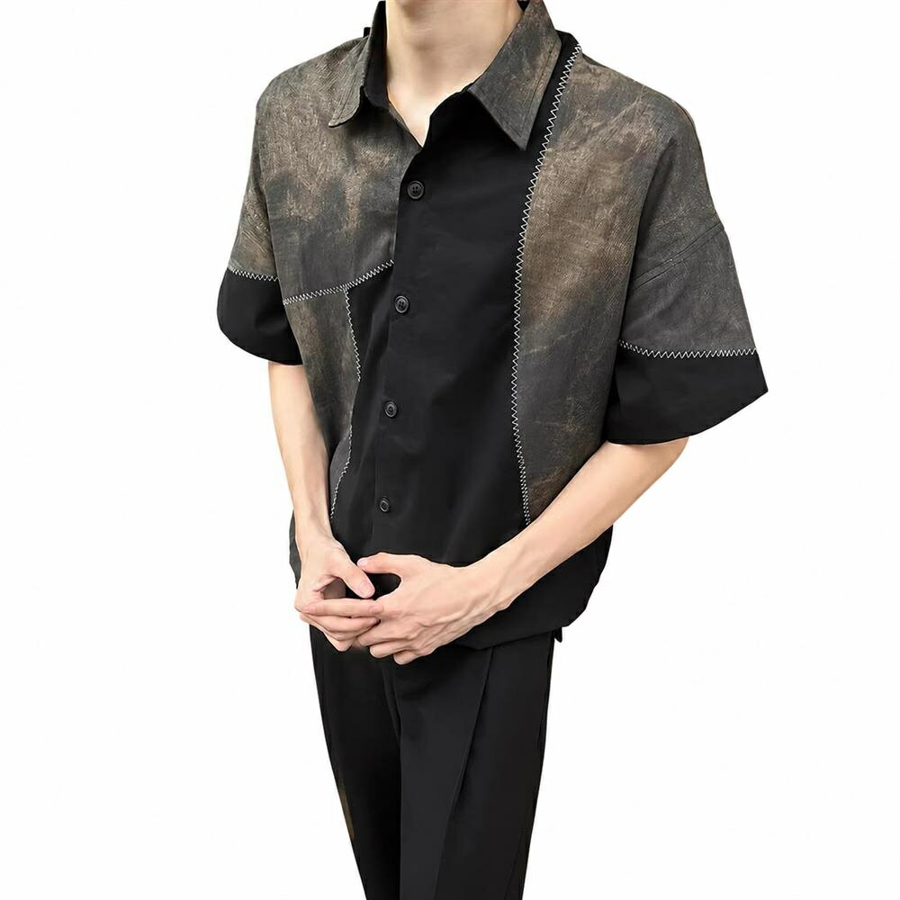 Rakuten - 【ヴィンテージ風】半袖シャツ メンズ 切り替え ステッチ 加工 ビッグシルエット オーバーサイズ トップス 襟付き カジュアル ストリート モード系 ワークシャツ 配色 切替 異素材 五分袖 ゆったり 体型カバー ドロップショルダー 韓国 ファッション 夏服 春服