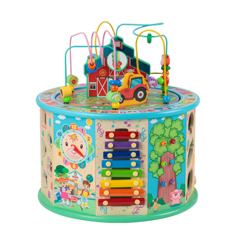 Puzzle - 【多機能知育玩具】木のおもちゃ　1歳　2歳　3歳　0歳　出産祝い　誕生日　プレゼント　赤ちゃん　幼児　ルーピング　型はめ　鉄琴　楽器　魚釣り　時計　パズル　アクティビティキューブ　迷路　歯車　おままごと　ビーズコースター　指先知育　玩具　男の子