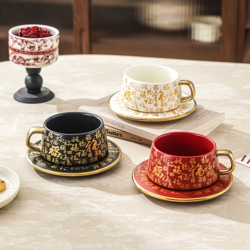 コーヒーカップ ソーサー セット ティーカップ 陶器 磁器 カップ＆ソーサー 漢字 福 縁起物 おしゃれ アンティーク調 レトロ シノワズリ 中華風 和モダン ゴールドハンドル 金縁 華やか 来客用 アフタヌーンティー ティータイム おうちカフェ 食器 コップ 碗皿 ギフト comsys-r-10043784 Nartooston サンプル画像2