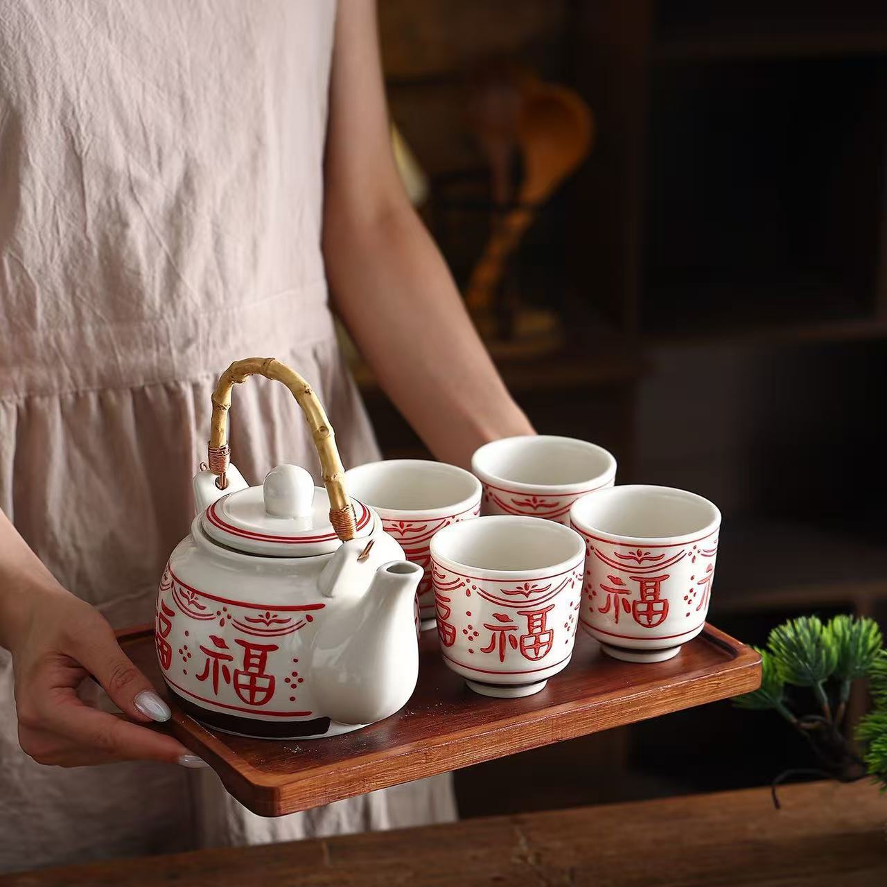 【縁起の良い福の字】 茶器セット 急須セット ティーセット 中国茶器 5点セット 陶磁器 湯呑み 4客 急須 1個 竹手 つる付き ポット ティーポット 中華風 アジアン レトロ アンティーク お茶用品 煎茶道具 茶道具 湯のみ 茶碗 湯飲み コップ 食器 来客用 おもてなし comsys-r-10043831 Nartooston サンプル画像2