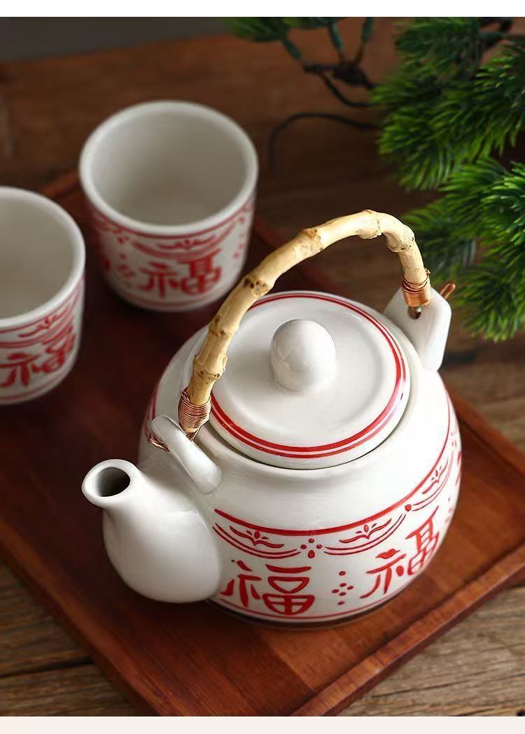 【縁起の良い福の字】 茶器セット 急須セット ティーセット 中国茶器 5点セット 陶磁器 湯呑み 4客 急須 1個 竹手 つる付き ポット ティーポット 中華風 アジアン レトロ アンティーク お茶用品 煎茶道具 茶道具 湯のみ 茶碗 湯飲み コップ 食器 来客用 おもてなし comsys-r-10043831 Nartooston サンプル画像3