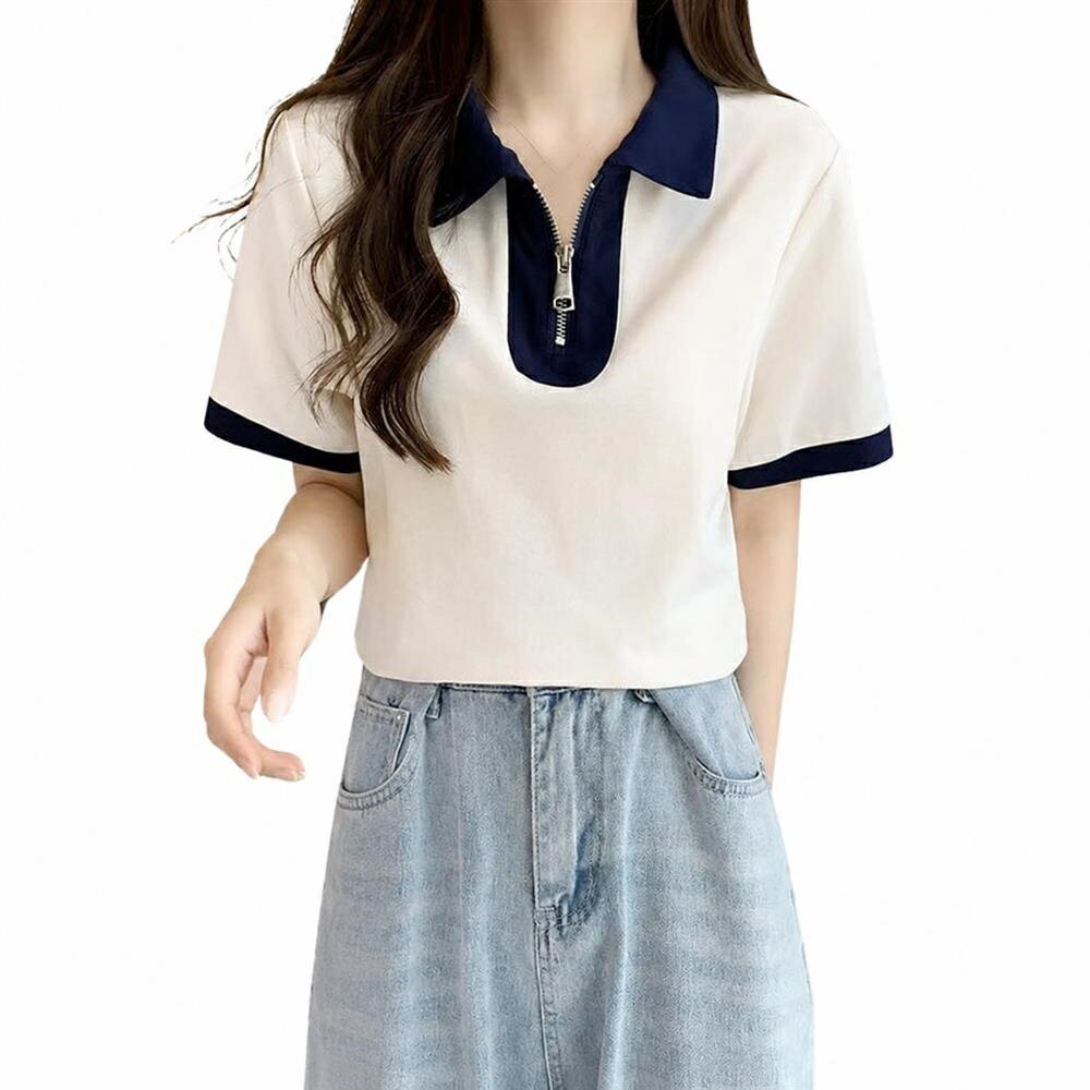 Rakuten - 【ハーフジップ】 ポロシャツ レディース 半袖 襟付き バイカラー 配色 Tシャツ カットソー スキッパー トップス ティーシャツ きれいめ スポーティー ゴルフウェア カジュアル 着痩せ 細見え 体型カバー さらさら 涼しい 速乾 ドライ 春夏 夏服 大人可愛い 20代 30代