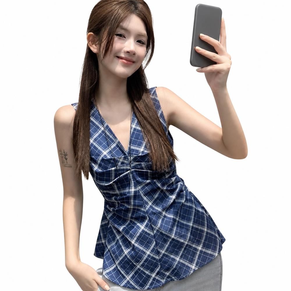 樂天商城 - 【バックシャン】ノースリーブ ブラウス チェック柄 レディース トップス タンクトップ ペプラム ギャザー Vネック 背中開き バックオープン チュニック 体型カバー 着痩せ 細見え お腹カバー 涼しい カジュアル デート 旅行 リゾート 夏 ブルー