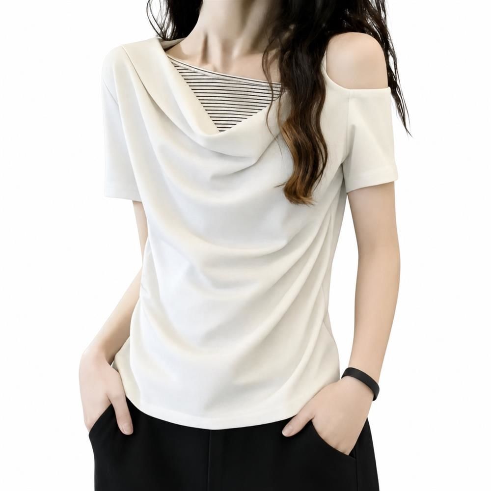 樂天商城 - 【重ね着風】カットソー レディース オフショルダー ボーダー トップス 半袖 アシンメトリー Tシャツ 春 夏 重ね着 レイヤード ドレープ 片出し 肩出し プルオーバー チュニック 伸縮性 ストレッチ 体型カバー 着痩せ 細見え 華奢見え 二の腕カバー 涼しい オフィス