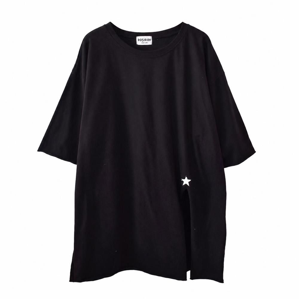 樂天商城 - 【星柄ワンポイント】チュニック Tシャツ レディース 半袖 五分袖 大きいサイズ オーバーサイズ ビッグシルエット カットソー トップス ロング丈 サイドスリット クルーネック 丸首 5分袖 ゆったり 体型カバー 二の腕カバー お尻が隠れる 着痩せ 華奢見え カジュアル