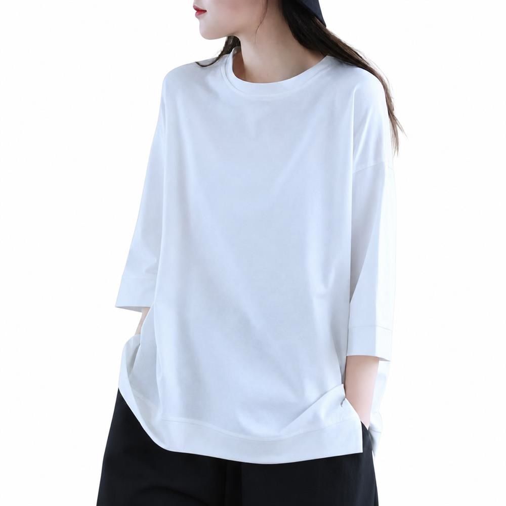 樂天商城 - 【こなれカジュアル】カットソー レディース Tシャツ 七分袖 プルオーバー トップス チュニック 丸首 クルーネック ドロップショルダー サイドスリット ゆったり ビッグシルエット 体型カバー お尻が隠れる 二の腕カバー 着痩せ 無地 綿混 春 夏 秋