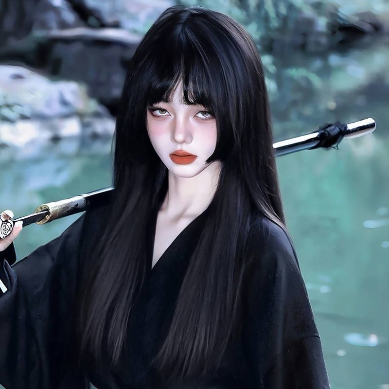 Full Wigs （Male） - 【姫カット】フルウィッグ ロングストレート 自然な黒髪 耐熱ウィッグ かつら レディース つけ毛 ウィッグ ぱっつん前髪 ナチュラル 小顔効果 垢抜け コスプレ 仮装 変装 撮影用 普段使い ウィッグネット付き イメチェン サラサラ 耐熱ファイバー