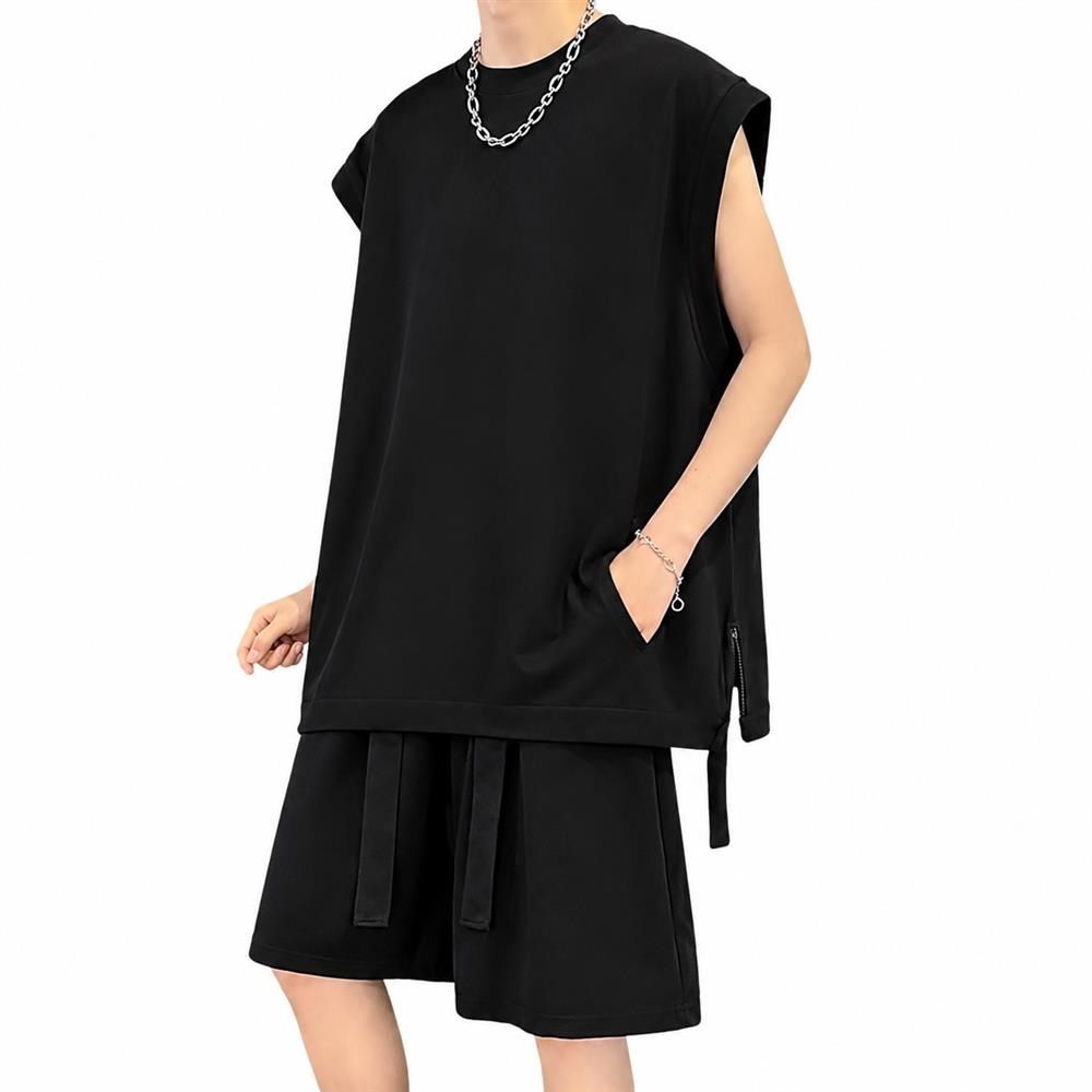 Rakuten - 【涼感セットアップ】セットアップ メンズ 夏 上下セット ノースリーブ ハーフパンツ 大きいサイズ オーバーサイズ ビッグシルエット タンクトップ ショートパンツ 短パン ズボン サイドジップ スウェット ワッフル調 部屋着 ルームウェア ワンマイルウェア ストリート
