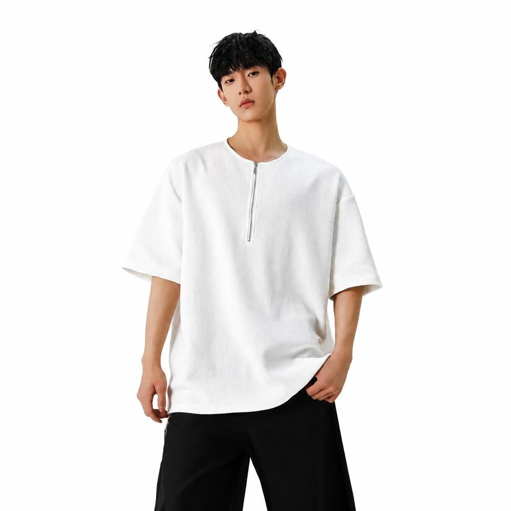 Rakuten - 【爽快ワッフル】Tシャツ メンズ ハーフジップ 半袖 カットソー ビッグシルエット オーバーサイズ トップス 5分袖 五分袖 ワッフル生地 サーマル 涼しい 接触冷感 速乾 通気性 柔らかい 無地 韓国 ファッション ストリート カジュアル きれいめ おしゃれ ゆったり