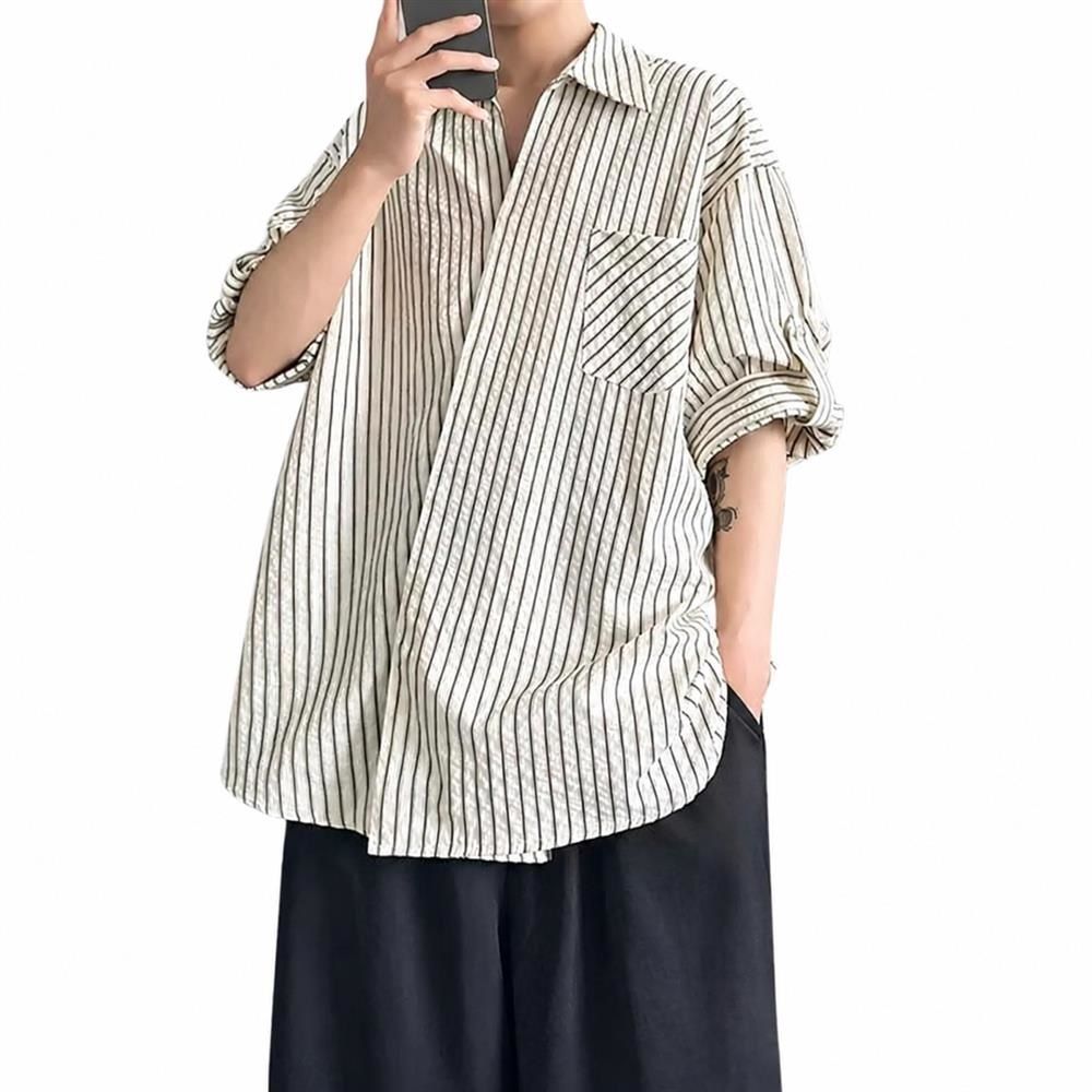 【接触冷感】ストライプシャツ メンズ 半袖 五分袖 シャツ 襟付き ビッグシルエット オーバーサイズ ゆったり カジュアル トップス 夏服 きれいめ 縦縞 胸ポケット ドロップショルダー 韓国 ファッション 体型カバー 着痩せ シワになりにくい 涼しい 快適 通気性 通勤