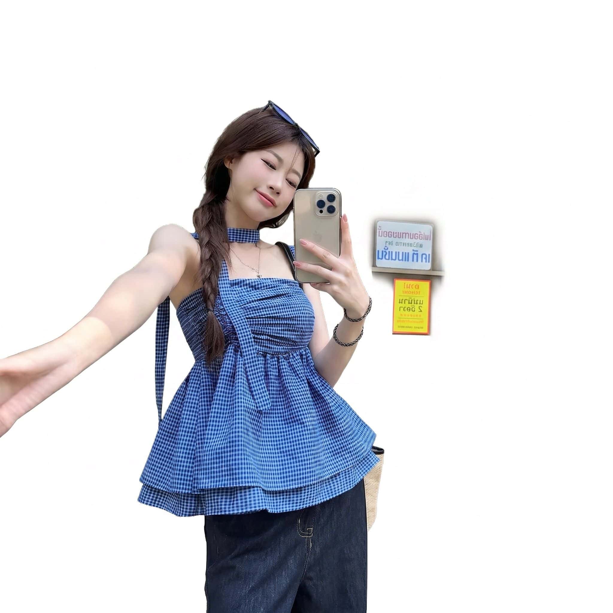 Rakuten - 【チョーカー風】キャミソール レディース ホルターネック ティアード ブラウス トップス ビスチェ ギンガムチェック ペプラム チュニック シャーリング 背中開き バックシャン 涼しい 重ね着 大人可愛い 韓国 ファッション 春 夏 海 ビーチ リゾート 体型カバー