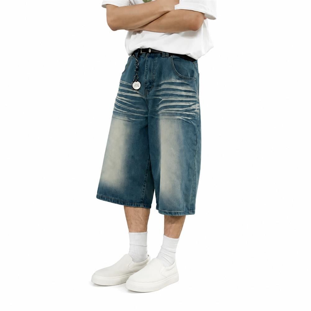 【ヴィンテージ風】 デニムパンツ メンズ ハーフパンツ 七分丈 ショートパンツ ジーンズ ジーパン ズボン ボトムス 短パン ひざ下 ワイドパンツ ゆったり ルーズ オーバーサイズ ストリート アメカジ カジュアル ヒゲ加工 色落ち 体型カバー 動きやすい 春夏 部屋着