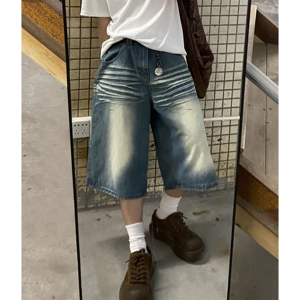 Nartoostonの【ヴィンテージ風】 デニムパンツ メンズ ハーフパンツ 七分丈 ショートパンツ ジーンズ ジーパン ズボン ボトムス 短パン ひざ下 ワイドパンツ ゆったり ルーズ オーバーサイズ ストリート アメカジ カジュアル ヒゲ加工 色落ち 体型カバー 動きやすい 春夏 部屋着｜アングル2