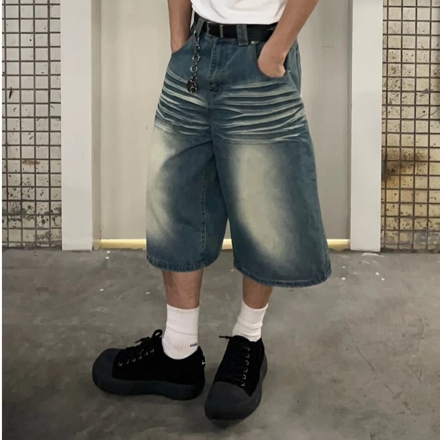 Nartoostonの【ヴィンテージ風】 デニムパンツ メンズ ハーフパンツ 七分丈 ショートパンツ ジーンズ ジーパン ズボン ボトムス 短パン ひざ下 ワイドパンツ ゆったり ルーズ オーバーサイズ ストリート アメカジ カジュアル ヒゲ加工 色落ち 体型カバー 動きやすい 春夏 部屋着｜アングル3
