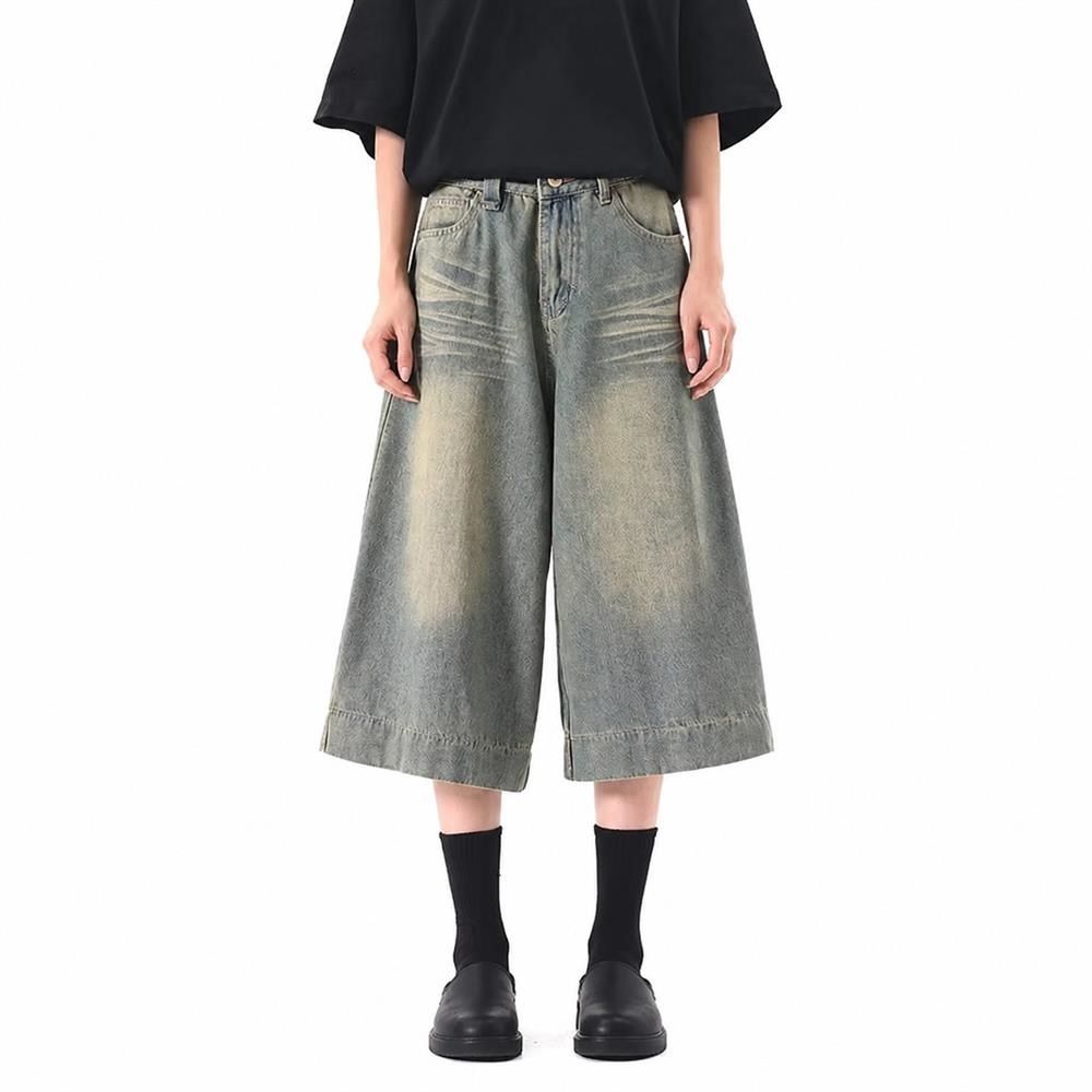 樂天商城 - 【ヴィンテージ加工】デニムパンツ メンズ クロップドパンツ 7分丈 ワイドパンツ ジーパン ジーンズ バギーパンツ 膝下 ボトムス ゆったり ビッグシルエット ストリート アメカジ ヒップホップ 極太 ウォッシュ ユーズド風 色落ち ヒゲ 涼しい 薄手 春夏秋 体型カバー