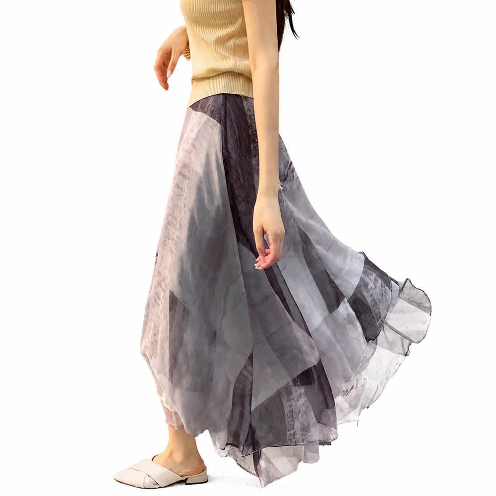 乐天商城 - 【ニュアンスアート】ロングスカート レディース マキシ丈 ハイウエスト シフォンスカート Aライン ボトムス マキシスカート 抽象柄 総柄 シアー 透け感 レイヤード 重ね着風 ニュアンス ウエストゴム 楽ちん 体型カバー 着痩せ 細見え ゆったり 落ち感 きれいめ