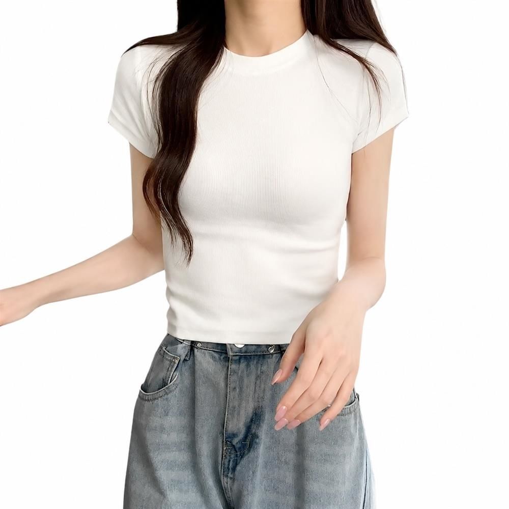T-Shirts - 【美シルエット】Tシャツ レディース 半袖 リブ カットソー クルーネック 丸首 タイト スリム フィット トップス ショート丈 無地 インナー ストレッチ 伸縮性 重ね着 レイヤード 着痩せ 細見え カジュアル きれいめ オフィス 通勤 デイリー 春 夏 秋 シンプル