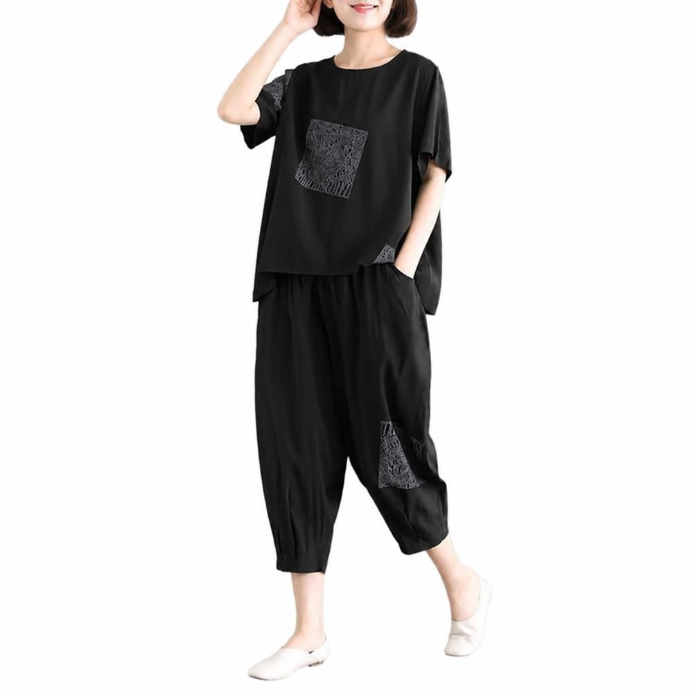 乐天商城 - 【綿麻混の涼感】 セットアップ レディース 夏 半袖 上下セット カットソー サルエルパンツ 7分丈 ズボン ボトムス ゆったり 体型カバー 大きいサイズ 楽ちん ウエストゴム 刺繍 二の腕カバー お尻隠れる 着痩せ 涼しい 部屋着 ルームウェア 30代 40代 50代 ママ 黒