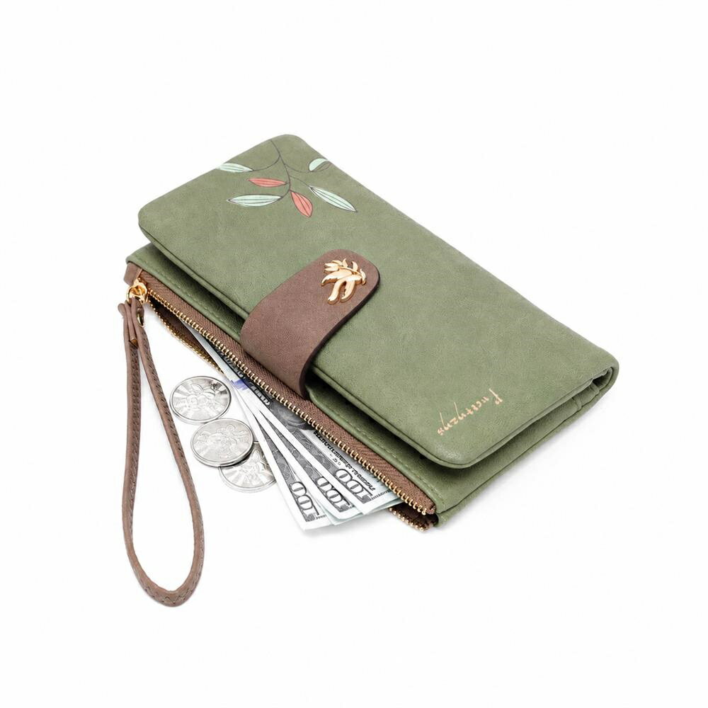 B, F, H, J, P, W - 【リーフモチーフ】長財布 レディース 大容量 スマホポーチ スマホが入る ウォレット ストラップ付 リーフ柄 ボタニカル グリーン PUレザー 二つ折り 札入れ カード収納 たくさん入る 小銭入れ ファスナー 整理整頓 持ち運び 大人可愛い きれいめ レトロ ナチュラル