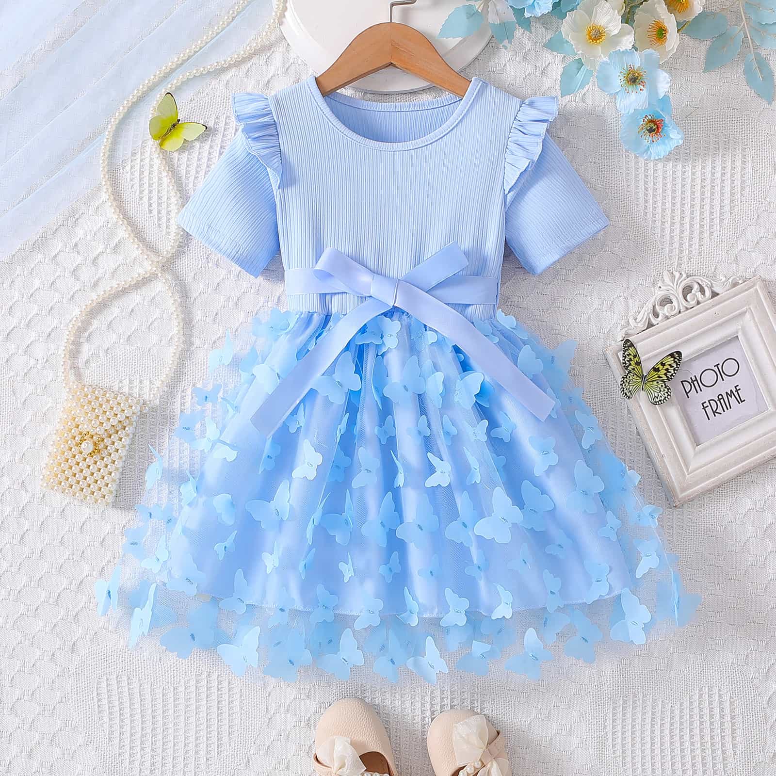 Rakuten - 子供服 ワンピース 女の子 半袖 チュールスカート 立体 蝶々飾り リボン フリル袖 リブ 切り替え プリンセス ドレス ふんわり 膝丈 上品 華やか お出かけ 発表会 結婚式 誕生日 記念撮影 プレ