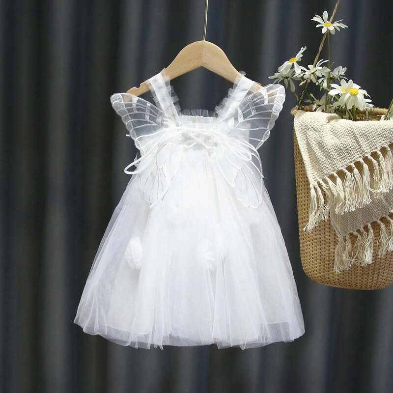 Dresses - 女の子 チュチュ チュール スカート フェアリー エンジェル ちょうちょ 羽根 ドレス ワンピース 子供服 記念撮影 お披露目 誕生日会 ギフト プレゼント ソフト チュール ふわふわ 立体 花 パー