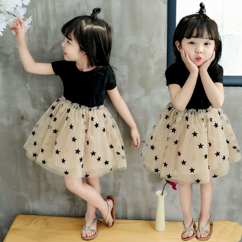 Rakuten - 女の子 ワンピース チュール キッズ スカート スター柄 半袖 丸襟 お出かけ 子供服 モード ふんわり Aライン 可愛い カジュアル 小学生 通学着 発表会 お誕生日 旅行 帰省 普段着 お呼ばれ