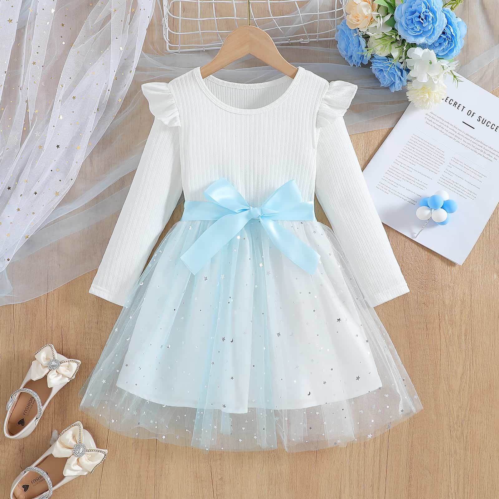 乐天商城 - 女の子 ワンピース 長袖 チュール プリンセス ドレス キラキラ 子供服 チュチュ スカート 星柄 リボン付き フリル 丸襟 発表会 結婚式 誕生日 プレゼント かわいい お姫様 お呼ばれ パーティー